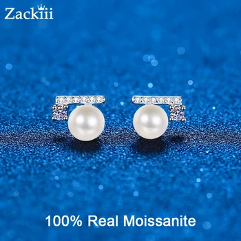 100% Resnična Moissanite Pearl Klinov 7mm Sladkovodnih Kultiviranih Biser Uhani Za Ženske Sterling Srebro Stud Diamant Nakit Uhani