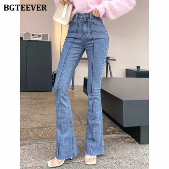 BGTEEVER Chic Vintage Visoko Pasu Gumb za Ženske Flare Jeans Hlače 2021 Poletje Jesen Ulične Rese Ženskega Jeansa Hlače