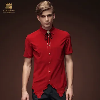 Fanzhuan Brezplačna Dostava za Novo modno osebnost moški Moški rdečo srajco 15363 bluzo Nezakonitih kratek rokav Vezenje slim na zalogi