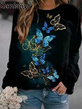 Moda Metulj 3D Print Majica s kratkimi rokavi Ženske Hoodie 2021 Jeseni Long Sleeve Vintage zgornji deli oblacil Ženske Prevelik Priložnostne Svoboden Majica s kratkimi rokavi