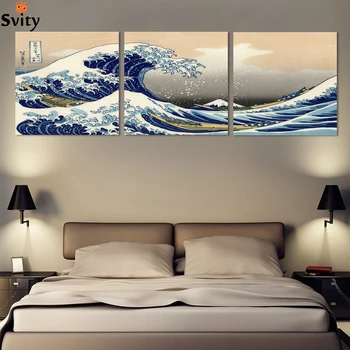 Moda seascape krajine platno slikarstvo 3 plošče tradicionalne umetnosti, pokrajino, sliko, velik Val off Gunma Katsushika Hokusai