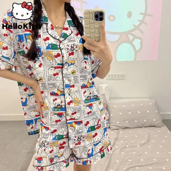 Sanrio Hello Kitty Risanka Y2k Sladko Poletje Nov Slog Srčkan Jopico Bombaža, Kratek Pižame Bo Ustrezala Ženske Ohlapna Homewear Set