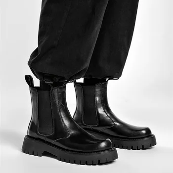 Črne Moške Chelsea Split Usnje Škornji Moški Zdrsne Na Škornji Platformo Priložnostne Čevlji Krog Toe Prosti Čas Motorno Kolo, Copati