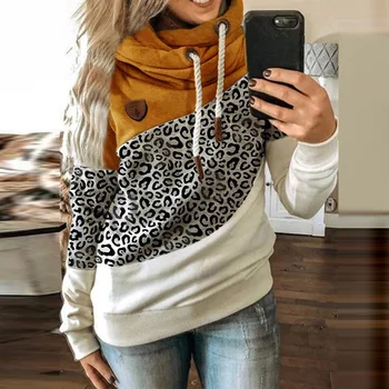 Ženske Leopard Mozaik Hooded Majica Jeseni, Pozimi Turtleneck Toplo Dolg Rokav Natisnjeni Ženski Puloverji S Kapuco Z Vrvico, Puloverji