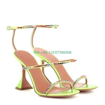 ženske lime green open toe bling sandali dvojno plast t sponke traku čevlji poletje oblikovan pete sandala diamond bling obutev
